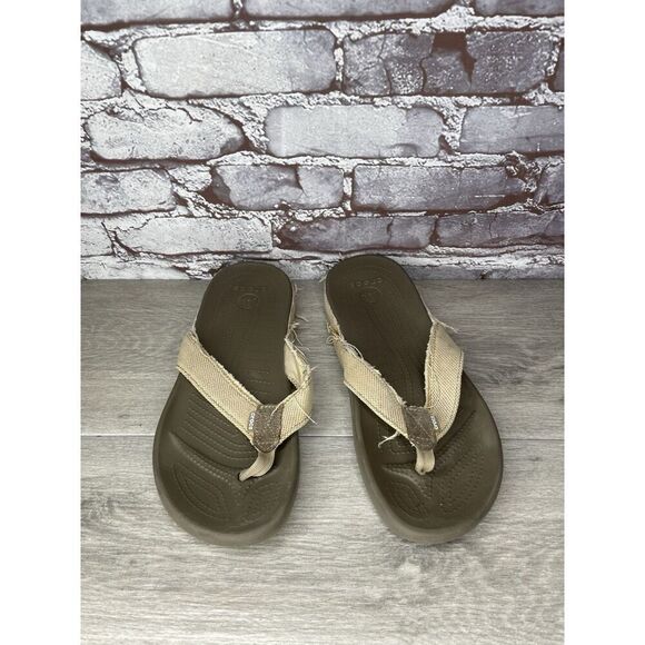 Crocs Dual Comfort Khaki Fabric Canvas Flip Flops Sandals Men’s Sz 10M US/43EU